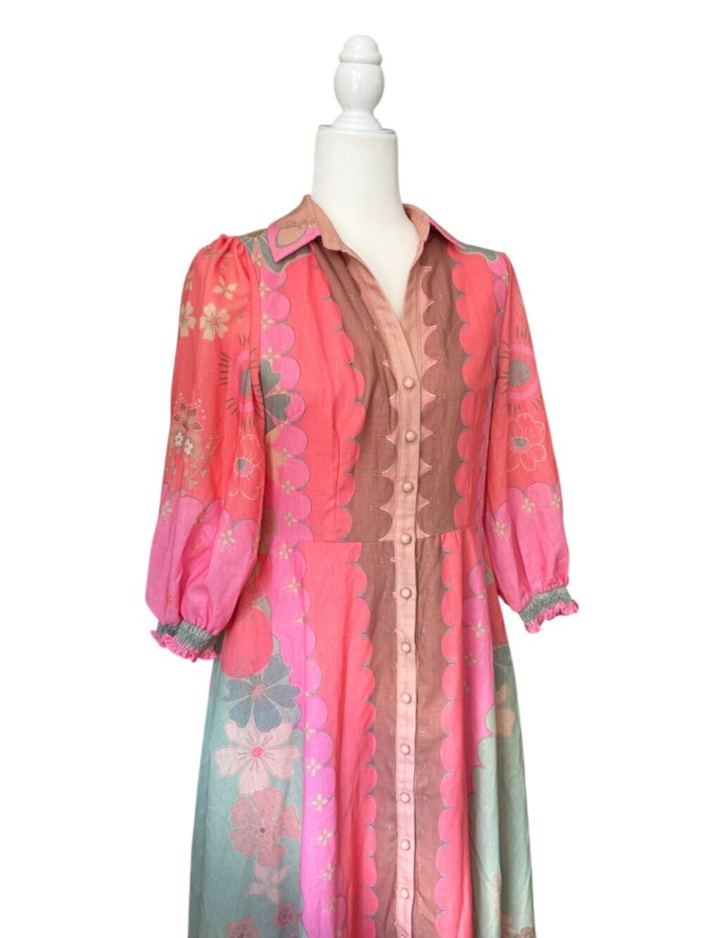 NWT 3/4 Sleeve V-Neck Coral Linen Floral Midi Shirt Dress Ave the Label Size 14 - Picture 2 of 8